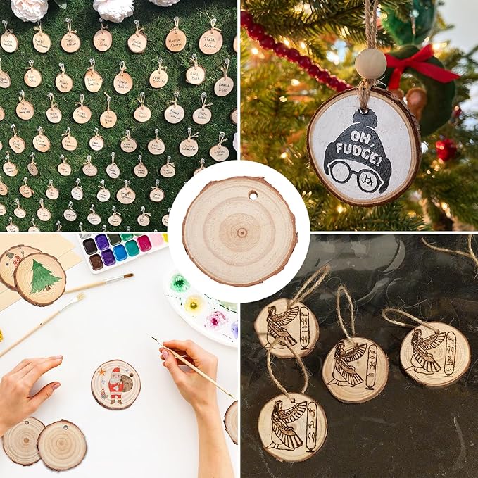 80 PCS 2.4-2.8 Inch Small Wood Slices with Hole, Mini Wood Slices with Rope for DIY Arts Craft Christmas Ornaments