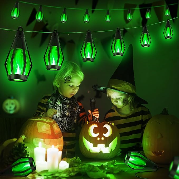 iBaycon Solar Halloween Lights, 27Ft 10 LED Bulbs Flickering Flame String Light, Outdoor Waterproof Solar Flame Lights for Garden Yard Patio Halloween Decorations (Green)