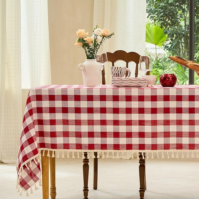 Table Cloth Square Table-Rustic Gingham Tablecloth Buffalo Plaid Table Cloth for Thanksgiving Christmas Kitchen Dining Room (55x55 Inch,Red and White)