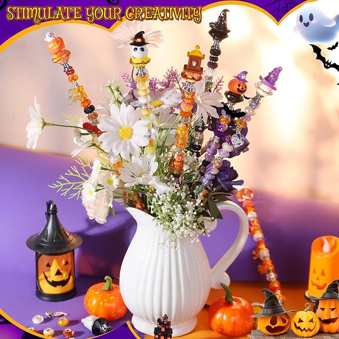 358PCS Halloween Beaded Garden Stakes, DIY Halloween Fairy Wand Garden Stake Decorative Kit with 12 in or 10 in Threaded Rod, Crystal Top, Large Holes Bead, Pendant for Outdoor or Indoor Decoration
