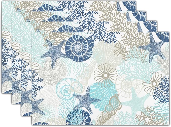 Summer Ocean Placemats Set of 4 Nautical Coastal Blue Starfish Seashell Coral Washable Non-Slip Heat Resistant Place Mats 12x18 Inch Beach Theme Linen Table Mats for Home Kitchen Dining Party Decor
