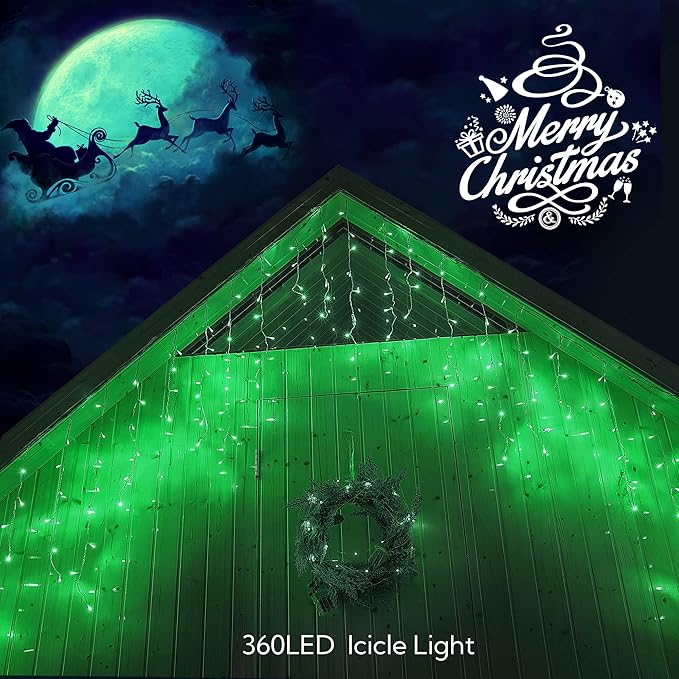 Hopolon 33FT 360L LED Christmas Icicle Lights Outdoor Waterproof,8 Modes Plug in Curtain String Lights with 60 Drops,Christmas Lights for Wedding,Party,Bedroom,Home,Garden,Wall Decorations(Green)