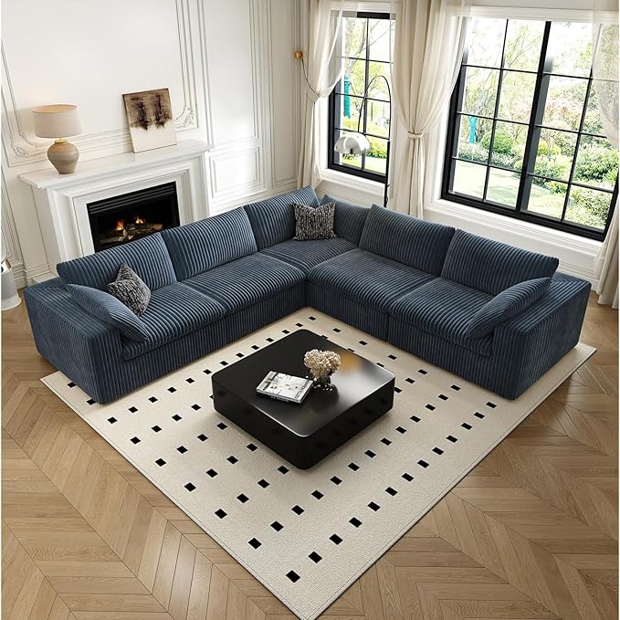 118" Cloud Couch Oversized Modular Sectional Sofa for Living Room,Modern Sofa with Deep Seat,V Shaped Boneless Couch,Comfy Upholstered Corduroy Couches for Apartment, Studio, Office,Bedroom,Blue