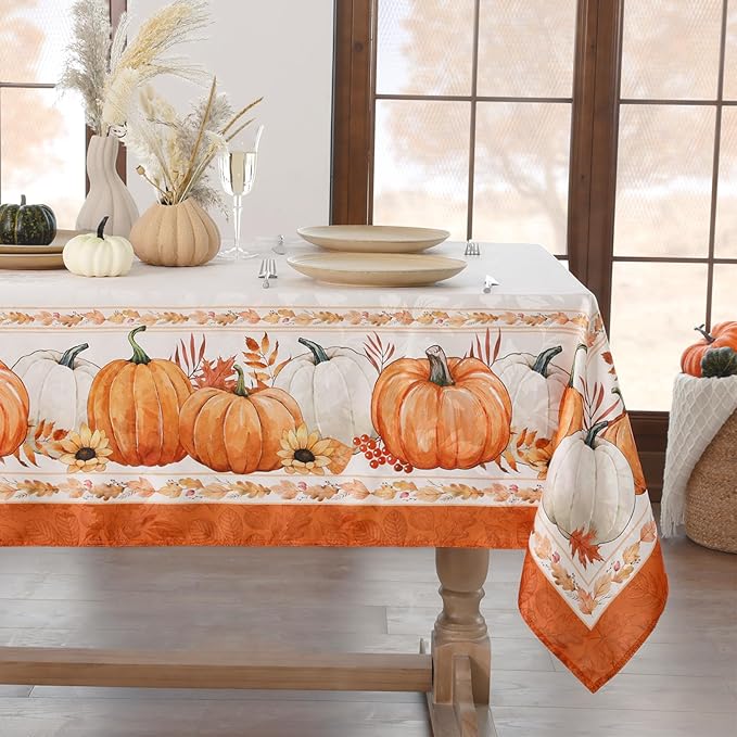 Softalker Fall Jacquard Rectangle Tablecloth, Thanksgiving Pumpkins Waterproof Table Cloth, Autumn Harvest Washable Table Cover for Holiday, Dining, Party Decor, 60 x 144 Inch