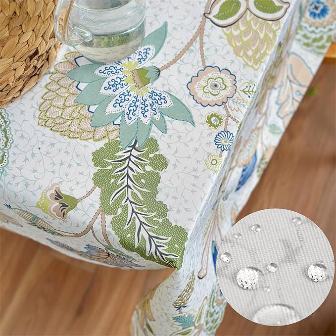 Spring Summer Ourdoor Table Cloth, Spillproof Waterproof Rectangle Tablecloth, Polyester Cotton Fabric Block Print Dining Table Cover for Easter Farmhouse Ourdoor 108''x60'' - Green Flowers