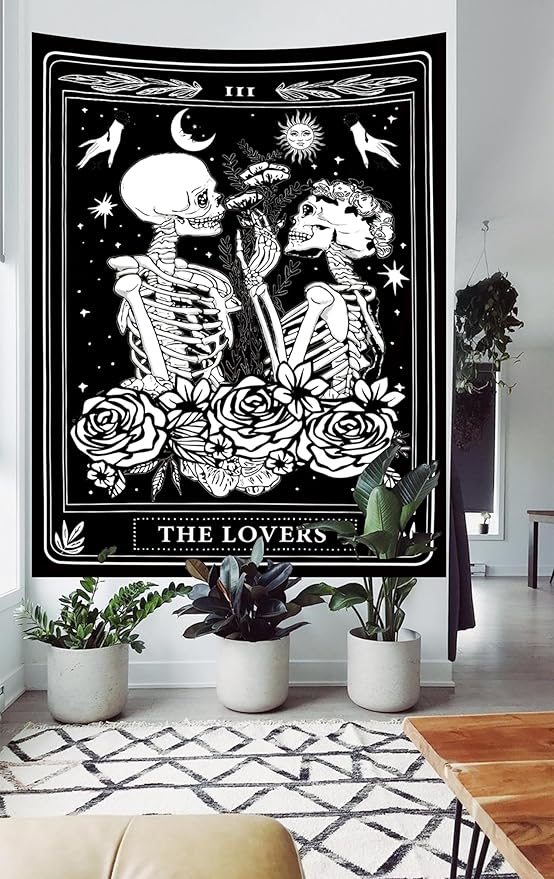Onivein The Lovers Skull Tapestry Gothic Tapestry Vertical Black and White Skeleton Gothic Witch Sun Moon Floral Plant Snake Tapestries Wall Hanging Decor for Bedroom Dorm Room 30 x 40 Inches