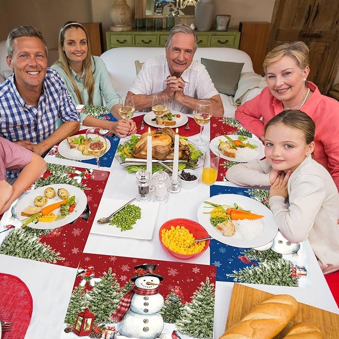 Winter Christmas Placemats Set of 6 Red Blue Snowman Plastic Table Mats Christmas Tree Birds Place Mats Washable Vinyl Seasonal Winter Table Decoration for Indoor Outdoor Party Kitchen Dining