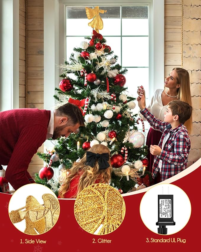 Christmas Angel Tree Topper with Built-in LED Snowflake Projector Lights Hollowed Pentagram Tree Top with Gold Spangles Plated Plug in for Indoor Outdoor Christmas Decorations, Gold
