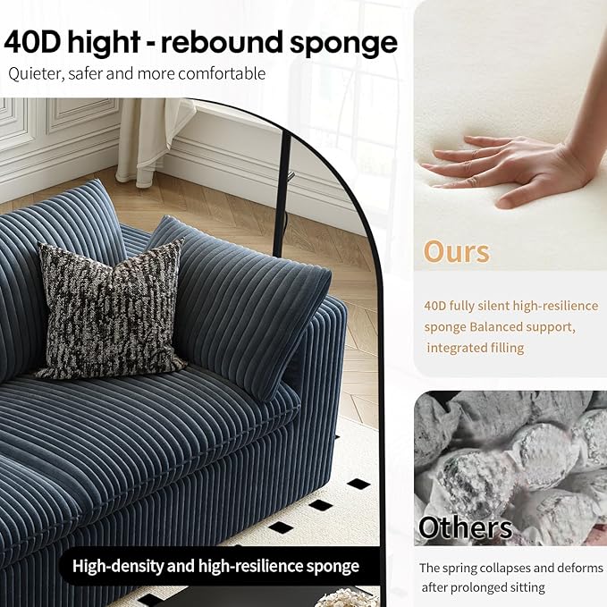 118" Cloud Couch Modular Sectional Sofa for Living Room,Modern Sofa with Deep Seat,L-Shape Boneless Couch with Ottoman,Comfy Upholstered Corduroy Couches for Apartment, Studio, Office,Bedroom,Blue