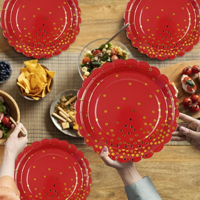 50PCS Red Paper Plates, 7 Inch Scalloped Red and Gold Party Plates Disposable Foil Polka Dots Dessert Plate Cake Plate for Wedding Baby Shower Birthday Anniversary Bachelorette Dinner BBQ