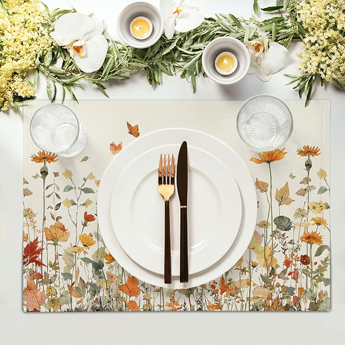 Fall Floral Placemats Set of 4 12x18 Inch Autumn Wildflower Vintage Rustic Washable Non-Slip Heat Resistant Place Mats Thanksgiving Table Mats for Party Kitchen Dining Room