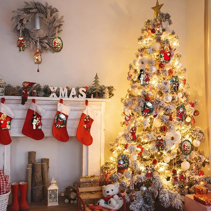 48 Pcs Vintage Wood Ornaments - Victorian Style Santa Claus, Snowman & Retro Decor for Christmas Trees