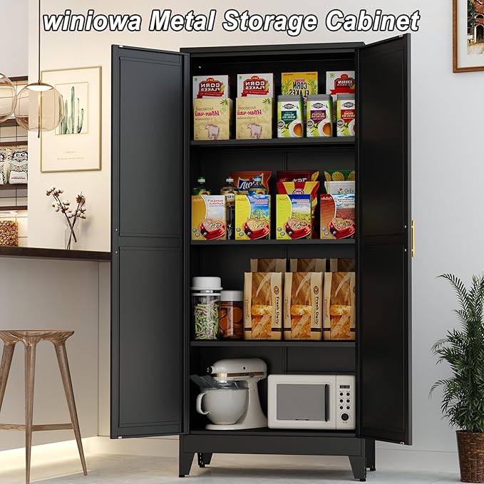 Metal Pantry Cabinet with 2 Doors and Adjustable Shelves, 61"Kitchen Storage Cabinet with Gold Handles, Versatile Storage for Laundry, Living, Bathroom, Dining, Utility Room - Black