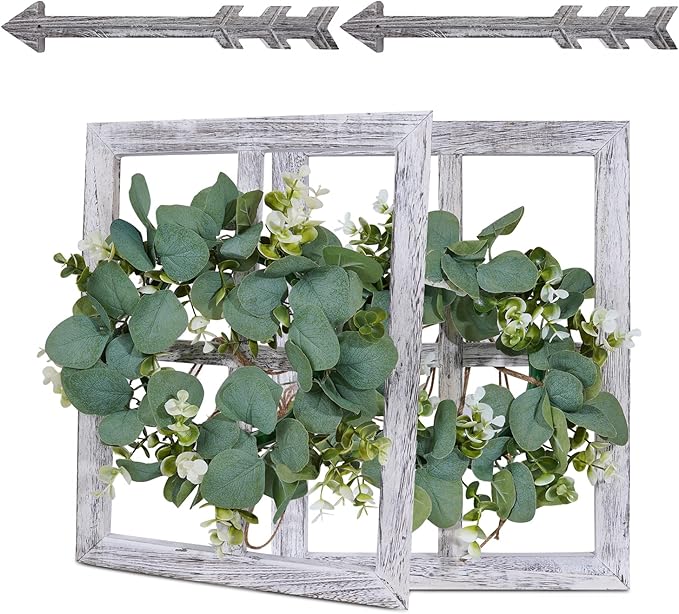 Rustic Wood Window Frame with Green Wreath and Arrows Wall Decor,Farmhouse Window Frame Hanging Decor, Wooden Fake Decoration,Window Pane Wall Decor,Set of 2 (White)