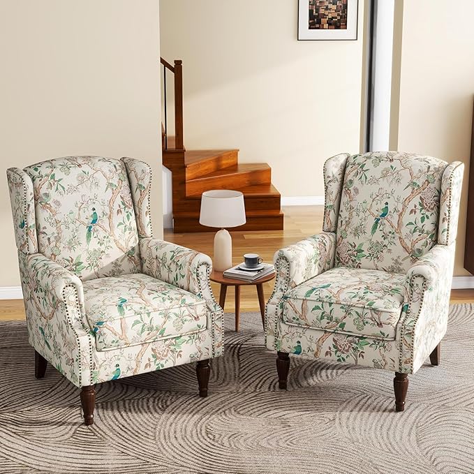 UIXE High Back Floral Accent Chairs Set of 2, Fabric Upholstered Armchair for Living Room, Retro Printed Wingback Arm Chair Rivet Trimed Single Sofa Bedroom Reading Seat - Bird