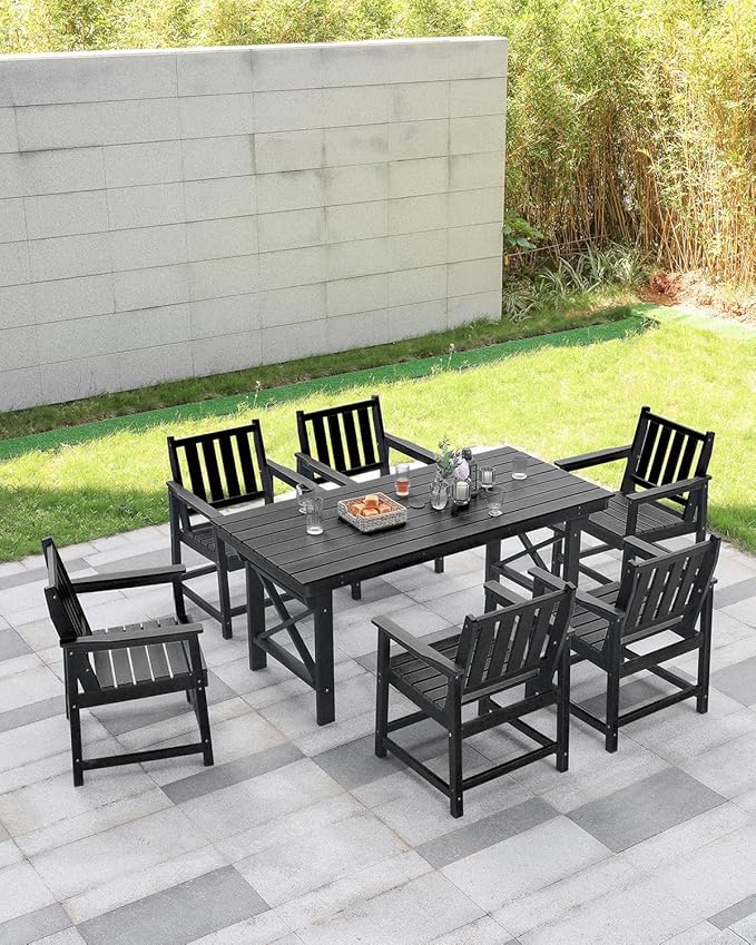 HDPE Outdoor Dining Table, 66.9” Rectangle Patio Dining Table for 6, All-Weather HDPE Outdoor Table with 2.2” Umbrella Hole, HDPE Patio Furniture for Deck, Backyard, Garden, Pool, Obsidian
