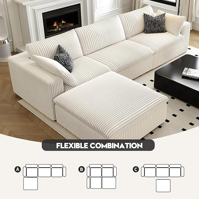 118" Cloud Couch Modular Sectional Sofa for Living Room,Modern Sofa with Deep Seat,L-Shape Boneless Couch with Ottoman,Comfy Upholstered Corduroy Couches for Apartment, Studio, Office,Bedroom,White