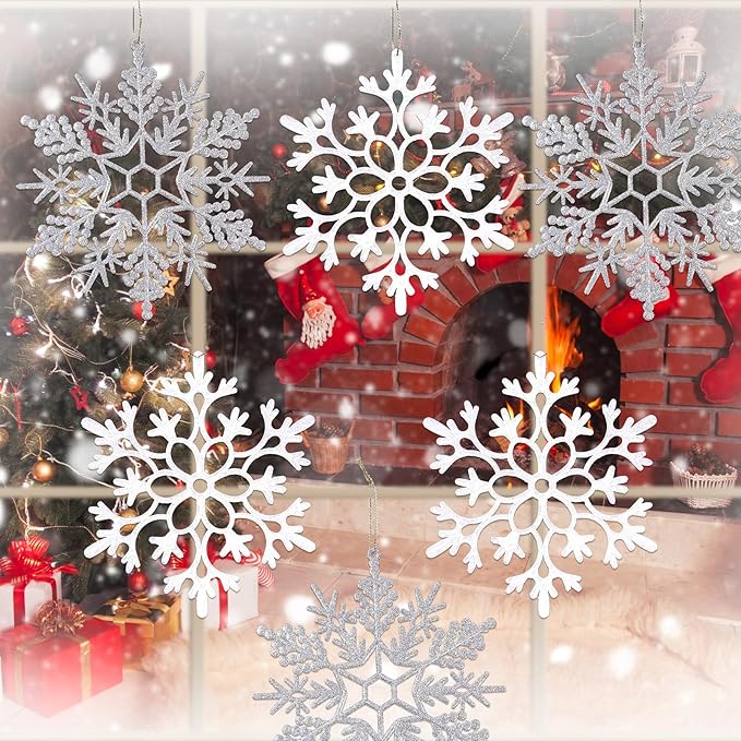 6pcs Large White Silver Snowflakes Ornaments Big Plastic Glitter Snowflake for Winter Indoor Outdoor Christmas Tree Window Room Decorations Giant Craft Snowflakes, 12/11.5 Inch