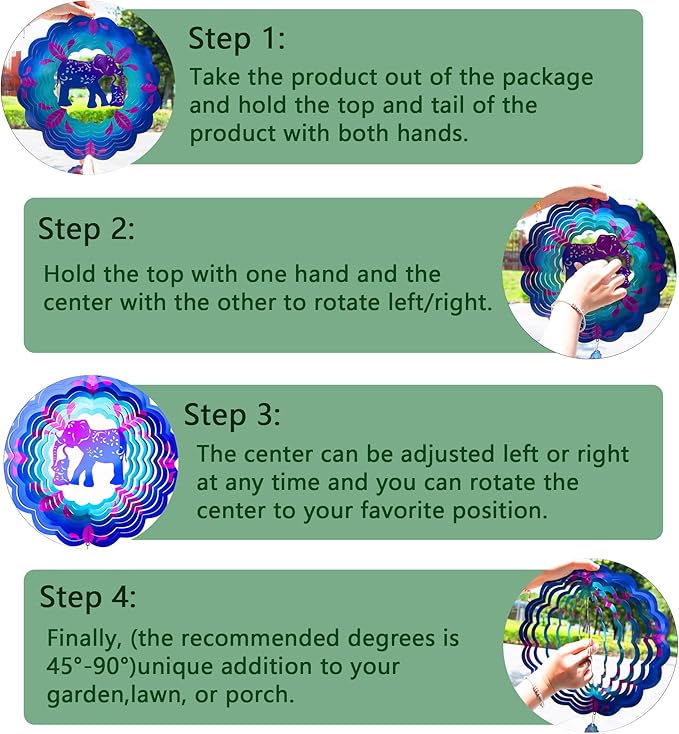 12 inch Elephant 3D Stainless Steel Wind Spinners, Hanging Garden Spinner Kinetic Art Garden Decorations, Reflective Wind Sculpture for Indoor/Outdoor Decor