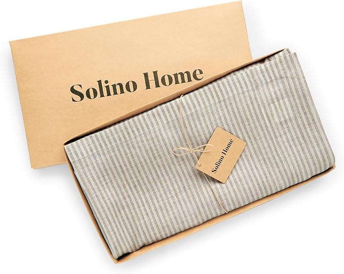 Solino Home Linen Tablecloth 60 x 120 Inch - Narrow Stripe 100% Pure Linen Natural and White Table Cloth for Rectangle Tables - Machine Washable Tablecloth for Fall, Autumn, Thanksgiving