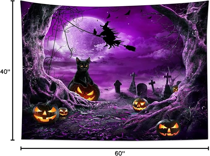 LB Halloween Tapestry Horror Witch Cat and Dead Tree Pumpkin Lights with Spooky Graveyard Tapestry Wall Hanging Purple Full Moon over Misty Forest Wall Decor for Bedroom Living Room Dorm 60x40 Inches