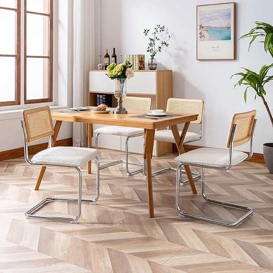 Mid Century Modern Rattan Dining Chairs Set of 4, Boucle Kitchen Chairs with Handwoven Mesh Rattan Backrest and Metal Legs, Upholstered Accent Side Chairs, White