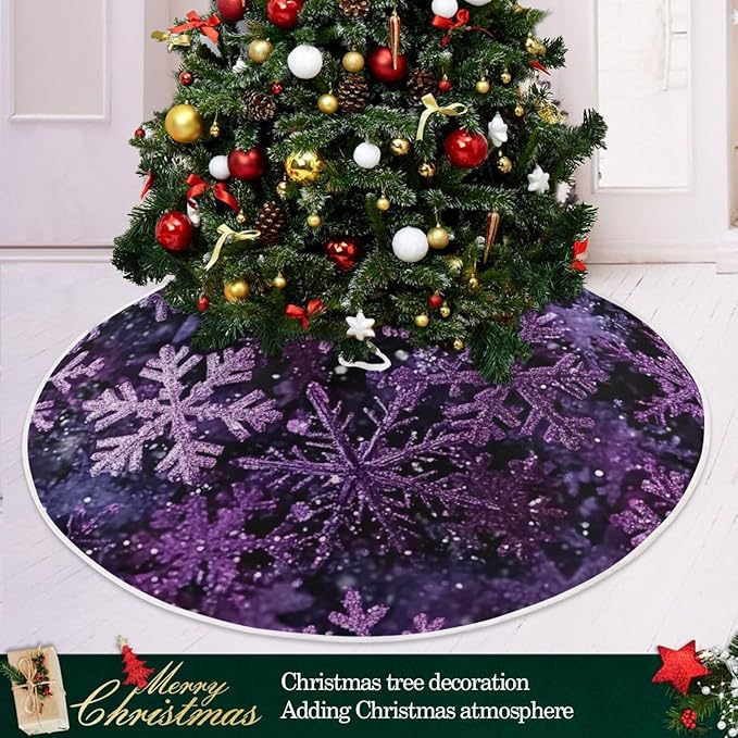 Christmas Purple Snowflake Party Tree Skirt, Seasonal Tree Mat Holiday Party Supplies Ornaments Indoor Outdoor Decorations for Tabletop Trees 35.4 Inches