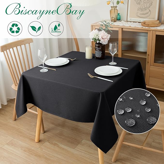 Biscaynebay Textured Fabric Square Tablecloths 70x70 Inches, Black Water Resistant Spill Proof Card Table Cloth Folding Table Cover for Dining, Kitchen, Wedding and Parties, Machine Washable