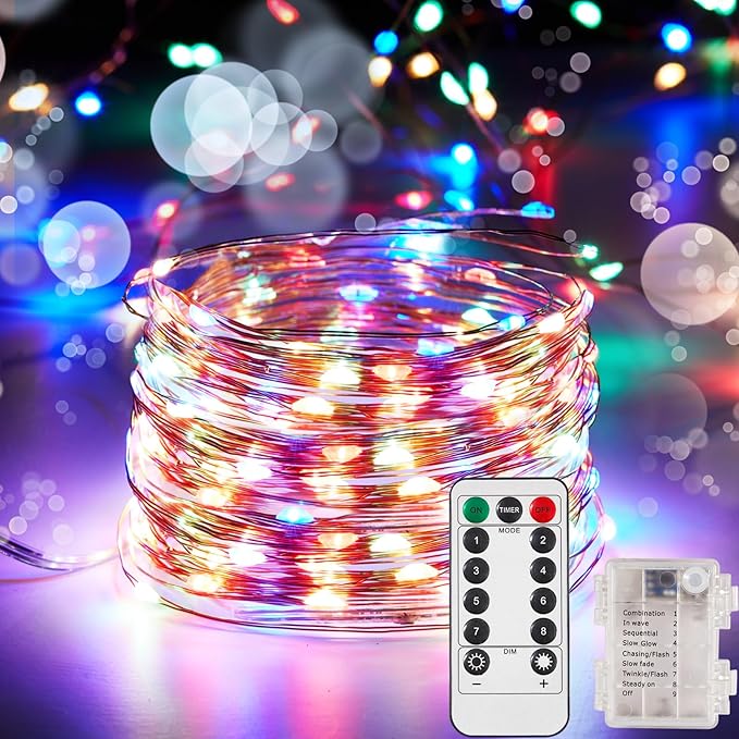 4 Pack 65.6 Ft. Battery Operated Outdoor String Lights with Remote & Timer, LED Multi Color Fairy Lights, Waterproof Twinkle Lights for Bedroom, Dorm, Mason Jar, Wedding, Party, Christmas