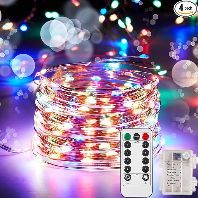 4 Pack 32.8 Ft. Battery Operated Outdoor String Lights with Remote & Timer, LED Multi Color Fairy Lights, Waterproof Twinkle Lights for Bedroom, Dorm, Mason Jar, Wedding, Party, Christmas