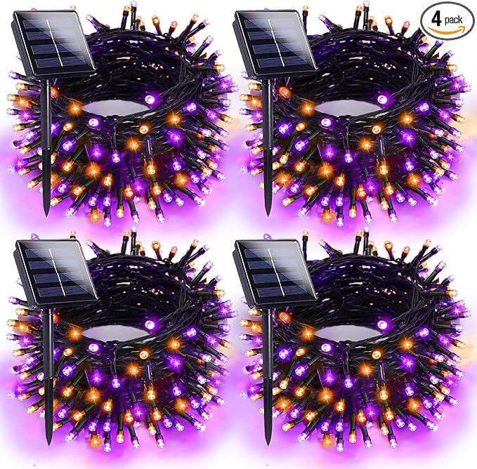 4pk Orange and Purple Solar Halloween Lights Outdoor Waterproof, 400LED 132FT Solar Powered LED String Lights Black Wire with 8 Modes, Solar Fairy Lights for Halloween Horror Party Tree Wedding Decor