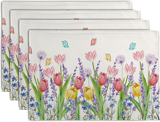 Tulip Placemats Set of 4 Spring Summer Flowers Tulips Lavender Place Mats Watercolor Floral Dandelion Butterfly Non-Slip Heat Resistant Washable Linen Table Mats for Dining Table Kitchen Decor