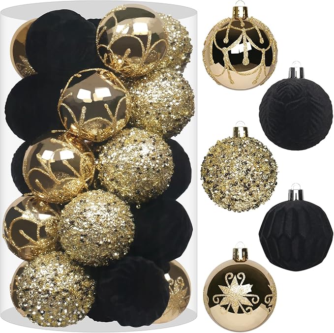 2.36In Velvet Christmas Ball Ornaments, 25PCS Black/Gold Flocked Christmas Tree Hanging Decorations, for Home Holiday Wedding Indoor Xmas Party Decor.