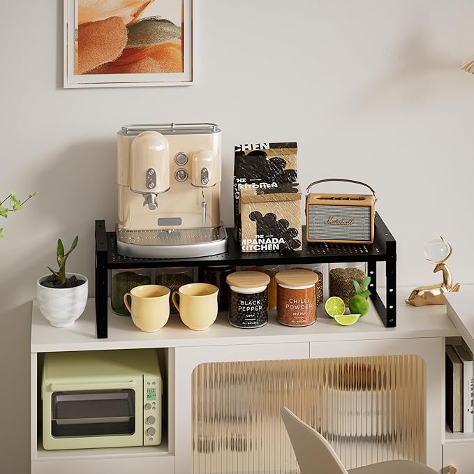 Expandable,Adjustable & Stackable Spice Rack, Cabinet Kitchen Countertop Shelf Organizer,Metal Pantry Storage Shelves - Space-Saving Storage Solution(1Pack/Black/Medium)