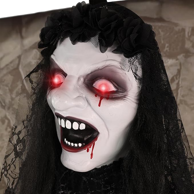 Haunted Hill Farm Animatronic Scary Demon Widow Door Greeter with Touch Activated Lights and Sound, Battery-Operated Indoor or Covered Outdoor Halloween Decoration