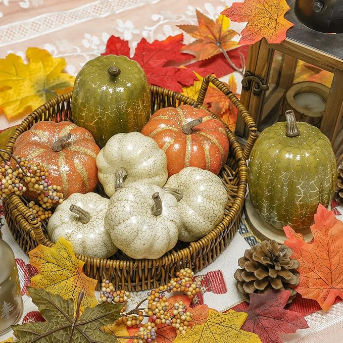 8Pcs Fake Pumpkins Fall Thanksgiving Decorations,Assorted Colors Plastic Pumpkins Home Decor, Artificial Mini Pumpkin for Decorating Autumn Harvest Outdoor Indoor Decor Centerpiece Table Decorations