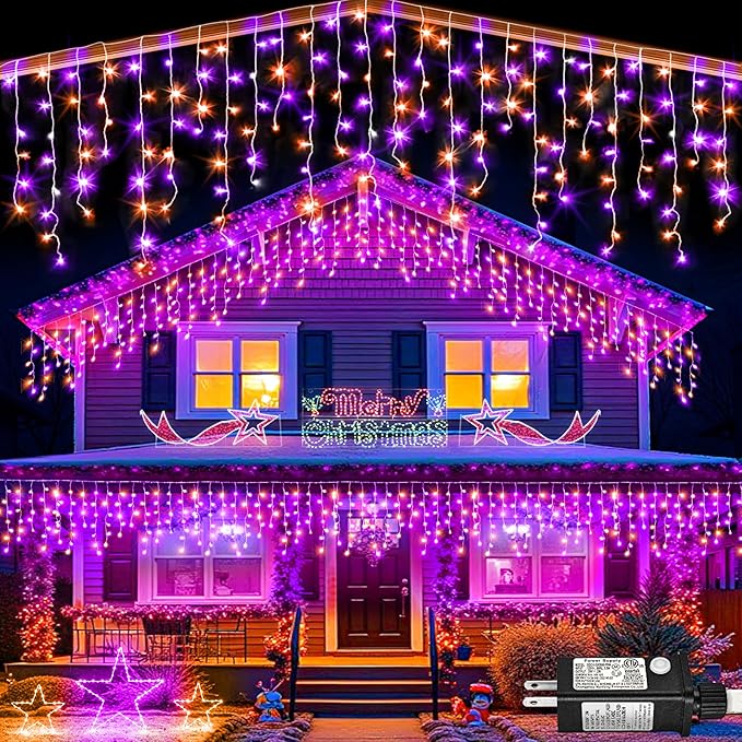 33ft Halloween Lights Outdoor, 400 LED Icicle Lights for Outside, Orange and Purple Twinkle Christmas Light with Connectable Clear Wire 8 Modes Timer Waterproof for House Party Tree Holiday Yard Decor