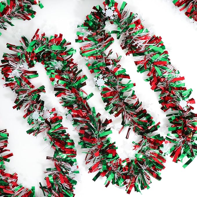50 Feet Green Red Christmas Metallic Tinsel Twist Hanging Garland with Snowflake for Home Mantle Xmas Tree Staircase Railing New Year Holiday Party Indoor Outdoor Decorations(2 Pcs)