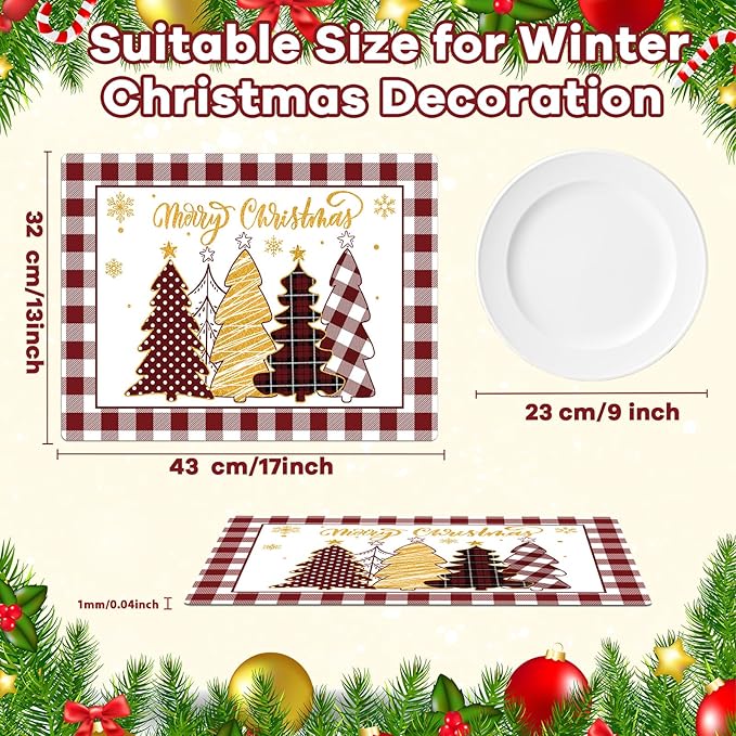 Winter Christmas Placemats Set of 6 Merry Christmas Watercolor Buffalo Plaid Plastic Table Mats Red Gold Xmas Trees Place Mat Holiday Table Decoration for Indoor Outdoor Party Kitchen Dining