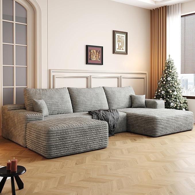 108" Sectional Couches for Living Room Modern Modular Sofa with L-Shape Couchs Upholstered Boneless Couch Deep Seat Sectional Couch with Chaise (Grey, Right Facing Chaise+2Seaters+1Ottoman)