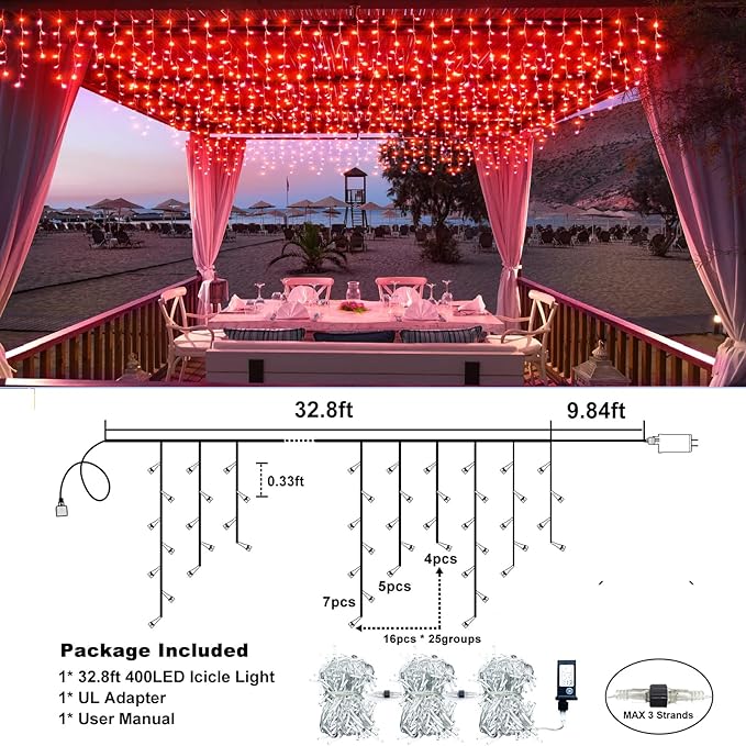 Icicle Lights for Outside, 33FT 400 LED Christmas Lights with 8 Modes 75 Drops, Waterproof Plug in Curtain String Light for Outdoor Indoor House Patio Fence Wedding Decorations, Red