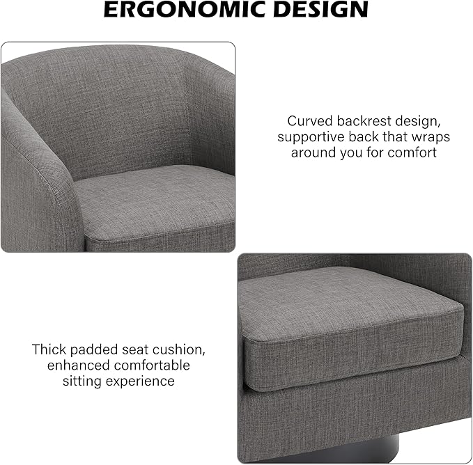 Swivel Barrel Accent Chair, Modern Round Linen Arm Chair for Living Room, Bedroom, Comfy Club Reading Chairs for Adults(Linen Fabric, Grey, Set of 2