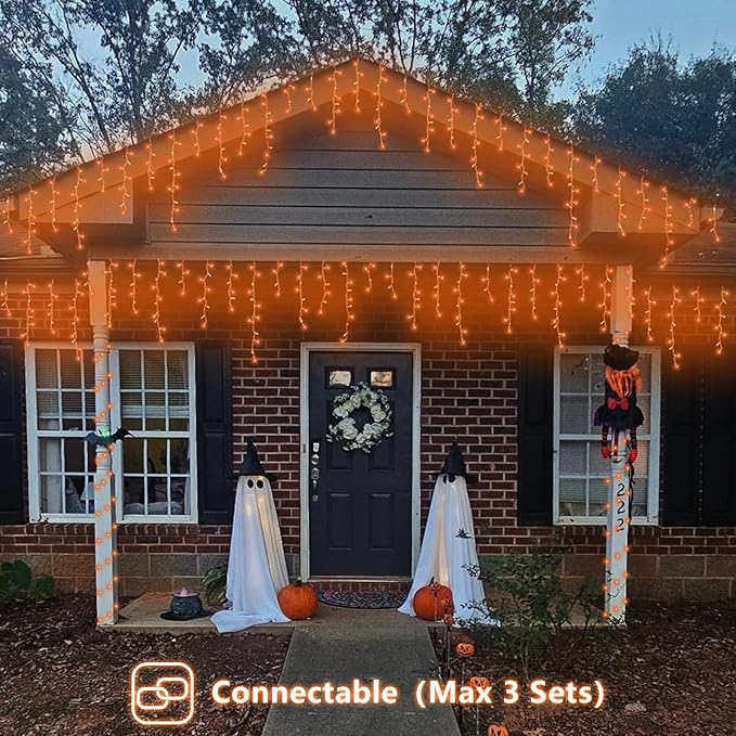 YEGUO 66ft 800 LED Orange Halloween Lights, Connetable Icicle Light Outdoor Waterproof, 8 Modes Christmas Lights Indoor Plug in for Thanksgiving House Patio Fall
