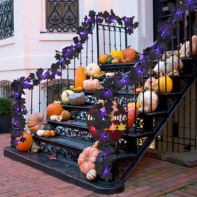 RECUTMS Halloween Maple Leaf Garland with Purple Lights - Black Artificial Leaves Decor for Home Mantle, Stairs, Indoor/Outdoor - 2 Pack