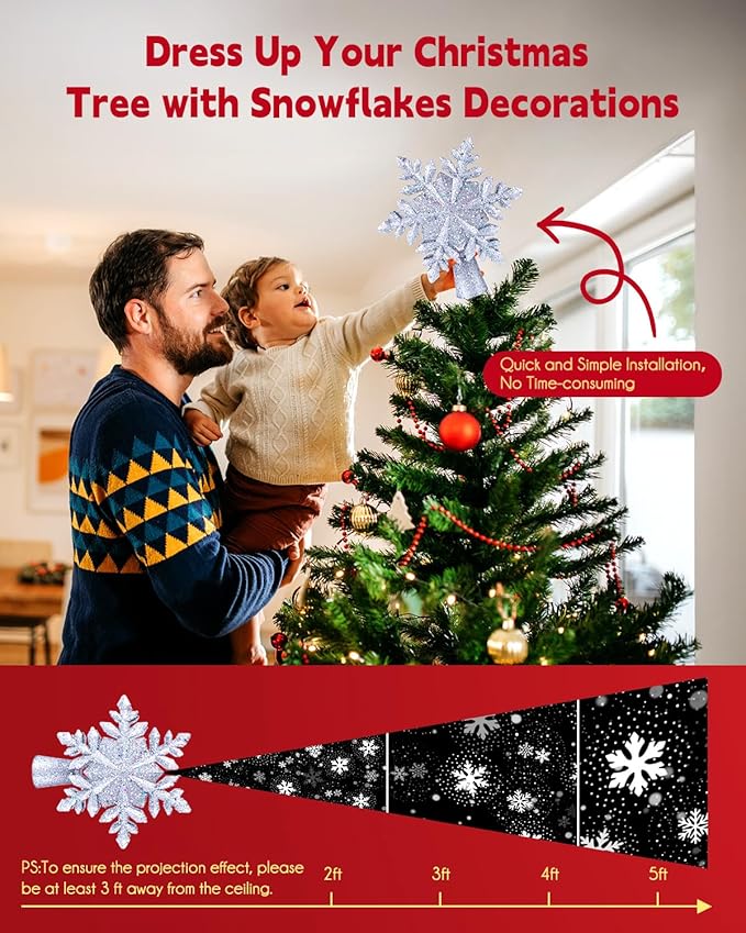 Christmas Tree Topper Lighted with Built-in Led Rotating Snowflake Projector Lights, 9.6” Hollowed Tree Topper with Silver Spangles Plug In for Indoor Home Xmas New Year Party Holiday Night Tree Decor