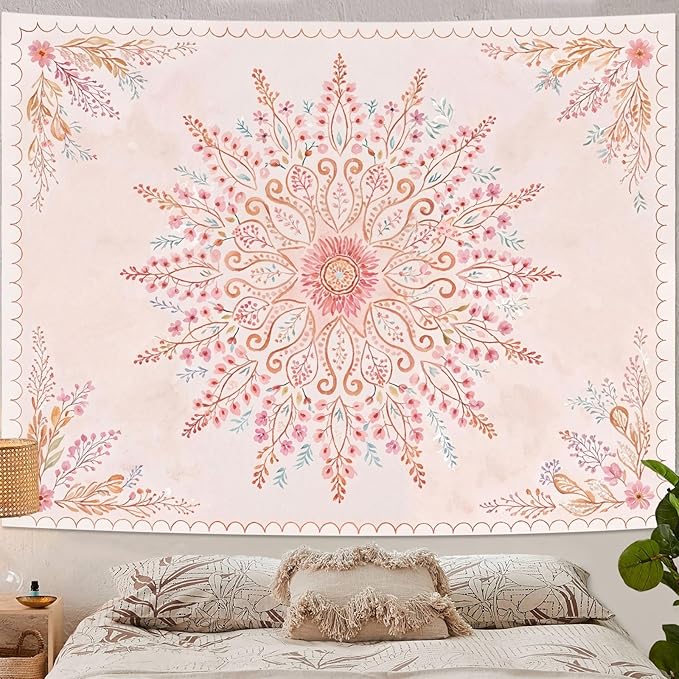 Lunerfex Floral Mandala Tapestry Boho Tapestry for Bedroom Pink Tapestries Wall Hanging Living Room Wall Art and Home Decor 70x90