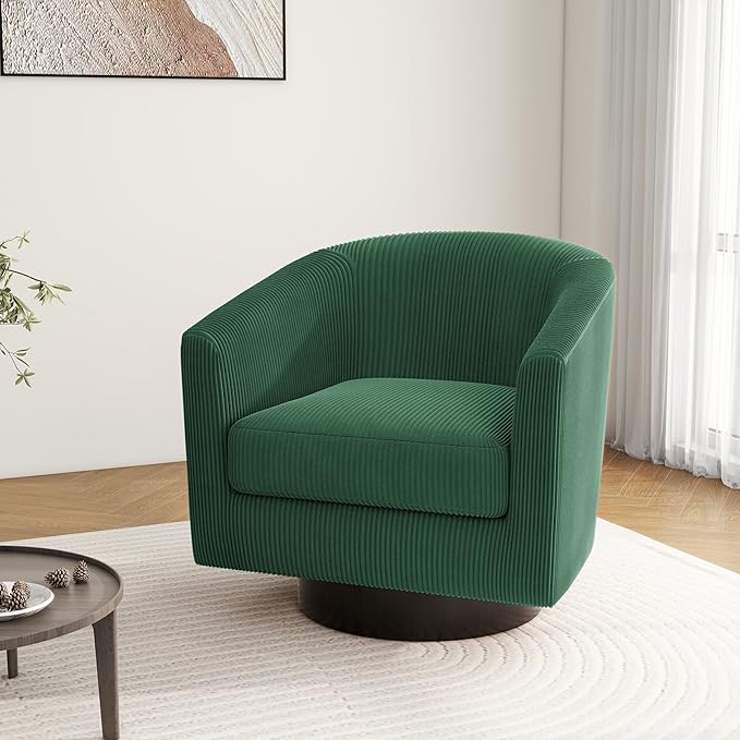 Swivel Barrel Accent Chair, Modern Round Corduroy Fabric Arm Chair for Living Room, Bedroom, Comfy Club Reading Chairs for Adults, Corduroy Dark Green