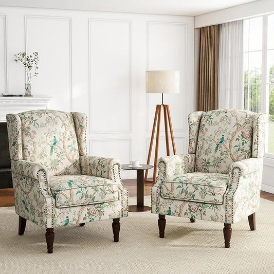 UIXE High Back Floral Accent Chairs Set of 2, Fabric Upholstered Armchair for Living Room, Retro Printed Wingback Arm Chair Rivet Trimed Single Sofa Bedroom Reading Seat - Bird