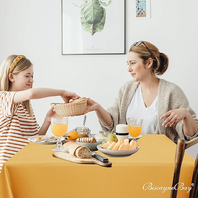 Biscaynebay Fall Tablecloth Textured Fabric Square Tablecloths 70x70'', Fall Gold Thanksgiving Autumn Harvest Water Resistant Fabric Tablecloths for Kitchen, Dining, Wedding, Parties Machine Washable