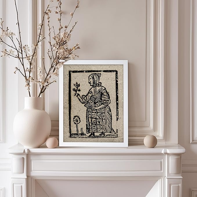 Poster Master Vintage Woodcut Poster - Retro Medieval Print - Gift for Gothic, Horror Fan - Witch Holding a Plant, Magic, Spell, Herbalist - Wall Decor for Bedroom, Dorm, 8x10 White Framed